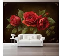 Papel tapiz fotográfico 350 x 256 cm Revestimiento de paredes decoración de salón Diseño Rosa Roja Romántica para dormitorio, sala de estar, papel tapiz no tejido, decoración de pared, Hojas Verdes