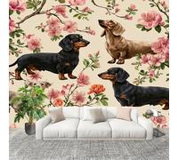 Papel Tapiz Fotográfico 350x256cm Animales Perro Salchicha Flores 3D Murales Póster Moderna Fotomurales Beige Para Cuarto de Niño Salón Dormitorio Oficina Decorar