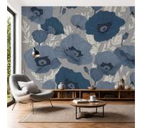 Papel Tapiz Fotográfico 3D Amapola Azul 400 × 280 Cm Papel Pintado Panorámico, Plantas Línea Simple Murales Decoración Pared Moderna Para Cuarto De Niño, Salón,Azul Marino