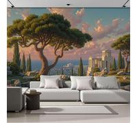 Papel Tapiz Fotográfico 3D Antigua Grecia Arquitectura Paisaje 500An×350Al cm Papel Pintado Panorámico, Clásica Urbana Fotomurales XXL Decoración Pared Moderna para Cuarto de Niño, Salón, Verde