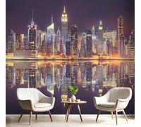 Papel Tapiz Fotográfico 3D Azul Amarillo Arquitectura Urbana 250X170Cm Pintado Panorámico,Escena Nocturna De Nueva York Murales Decoración Pared Moderna Para Cuarto De Niño Dormitorio Salón Oficina