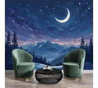 Papel Tapiz Fotográfico 3D Azul Blanco Bosque De Montaña Nevada 250X170Cm Pintado Panorámico,Luna Creciente En El Cielo Nocturno Murales Decoración Pared Para Cuarto De Niño Dormitorio Salón Oficina
