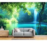 Papel Tapiz Fotográfico 3D Azul-Verde Bosques Lagos 450X300Cm Pintado Panorámico,Paisajes Naturales Murales Decoración Pared Moderna Para Cuarto De Niño Dormitorio Salón Oficina