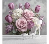 Papel Tapiz Fotográfico 3D Blanco Rosado Rosas Tulipanes 250X170Cm Pintado Panorámico,Ilustración De Textura Murales Decoración Pared Moderna Para Cuarto De Niño Dormitorio Salón Oficina