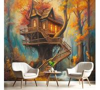 Papel Tapiz Fotográfico 3D, Bosque Casa Del Árbol Naranja Papel Tapiz Tela de Seda, Sala de Estar Dormitorio Fantasía Arte Póster Decoración de Pared, 350Anx256Al cm Mural De Panorámico