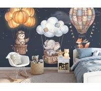 Papel Tapiz Fotográfico 3D Búho Elefante Zorro Dirigible 400 × 280 Cm Papel Pintado Panorámico, Ilustraciones Cuentos Hadas Murales Decoración Pared Moderna Para Cuarto De Niño, Salón,Azul Oscuro