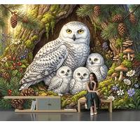 Papel Tapiz Fotográfico 3D Búho Nival Polluelos Hueco En Un Árbol 400 × 280 Cm Papel Pintado Panorámico, Animales Del Bosque Realistas Murales Decoración Pared Moderna Para Cuarto De Niño, Salón
