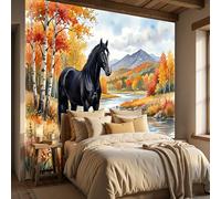 Papel Tapiz Fotográfico 3D caballos salvajes Abedules de montaña en otoño 200x140cm Papel Pintado Panorámico, Fuera De La Ventana Murales Decoración Pared Moderna para Cuarto de Niño, Salón, Oficina