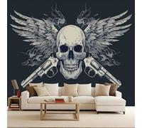 Papel Tapiz Fotográfico 3D Calaveras Gótico Alas Revólver Mural Tejido no Tejido Mate Moderno Fotomurales Para Habitación infantil Salon Dormitorio Oficina Murales Decorativos Pared 100x70 cm