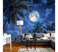 Papel Tapiz Fotográfico 3D Calcomanías De Pared, Luna Llena Patrón De Palmera Sala De Estar Tv Fondo Mural,Elementos Naturalespapel Tapiz 3D Decoración Dormitorio Mural-450 × 315 Cm