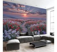Papel Tapiz Fotográfico 3D Campo De Amapolas Camino Con Estampado Atardecer Paisaje, 250Anx175Al cm Rosa púrpura Papel Pintado Panorámico, Murales Decoración Pared para Cuarto de Niño Salón Oficina