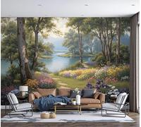 Papel Tapiz Fotográfico 3D Campo Flores Silvestres Junto Lago 450x315cm Papel Pintado Panorámico Pinturas Óleo Sobre Sanación Pastoral Fondo De Pantalla Decoración De Pared para Sala Cuarto Oficina