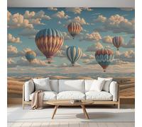 Papel Tapiz Fotográfico 3D Campos Patrón Globo Aerostático 150 × 105 Cm Papel Pintado Panorámico, Murales Decoración Pared Estilo Dibujo Lineal Para Cuarto De Niño, Salón, Oficina - Amarillo