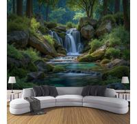 Papel Tapiz Fotográfico 3D Cascada Plantas Tropicales - 450x315cm Papel Pintado Pared Selva Tropical Tailandesa Panorámico de Seda Póster Gigante de Pared para Salón Dormitorio Comedor, Verde Oscuro