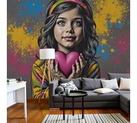 Papel Tapiz Fotográfico 3D Chica Corazón Grafiti 350x250cm Papel Pintado Panorámico Arte Pop Callejero Estadounidense Fondo Pantalla XXL Decoración Pared para Sala Cuarto Oficina, Gris Oscuro