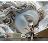 Papel Tapiz Fotográfico 3D Chica Dormida Pelo Largo 300x210cm Papel Pintado Panorámico Escultura Mármol Fotomurales de Seda Decoración de Pared para Cuarto de Niño, Salón, Oficina, Blanco Grisáceo