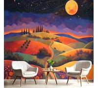 Papel Tapiz Fotográfico 3D, Colinas Con Cielo Estrellado Colorgul naranja Papel Tapiz, Sala de Estar Dormitorio Camino Del Pueblo Póster Decoración de Pared, 400Anx280Al cm Mural De Panorámico