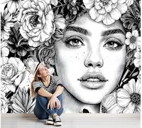 Papel tapiz fotográfico 3D con diseño floral y rostro de mujer, dibujo lineal, mural de pared de tela de seda, adecuado para dormitorio, sala de estar, pared de fondo de TV, decoración de pared, 200 c