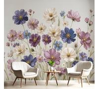 Papel Tapiz Fotográfico 3D Cosmos Amapola Con Estampado Acuarela Flores, 300Anx210Al cm Rosa grisáceo Papel Pintado Panorámico, Murales Decoración Pared para Cuarto de Niño Salón Oficina