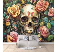 Papel Tapiz Fotográfico 3D Cráneo Gótico 500x280 cm Flores Papel Pintado Panorámico, Murales Decoración Pared Moderna para Cuarto de Niño, Salón, Oficina,dormitorio