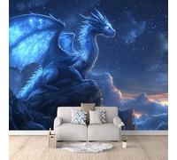 Papel Tapiz Fotográfico 3D Dragón Azul Occidental 250x175 cm Papel Pintado Panorámico, Vista Nocturna Del Cielo Estrellado Murales Decoración Pared Moderna para Cuarto de Niño, Salón, Oficina