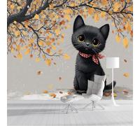 Papel Tapiz Fotográfico 3D El gato se sentó bajo el árbol de otoño.250x175cm Papel Pintado Panorámico, Fuera De La Dibujos animados infantiles Decoración Pared Moderna para Cuarto de Niñoamarillo