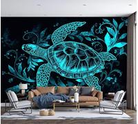 Papel Tapiz Fotográfico 3D Elementos La Planta Tortuga Marina 450 × 315 Cm Papel Pintado Panorámico, Mundo Submarino Murales Decoración Pared Moderna Para Cuarto De Niño, Salón, Oficina,Azul Verdoso