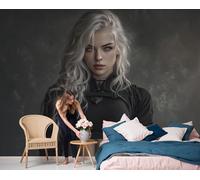 Papel Tapiz Fotográfico 3D Estilo Frío Y Abstinente 350x250cm Mural de Papel Pintado Panorámico Chica Anime Genial Decoración Pared para Habitacion, Salón, Oficina, Gris Oscuro