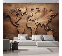 Papel Tapiz Fotográfico 3D Estilo retro de madera250x175cm Papel Pintado Panorámico, Fuera De La Esquema del mapa del mundo Decoración Pared Moderna para Cuarto de Niño, Salón, Oficina marrón