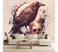 Papel Tapiz Fotográfico 3D Flores Calavera Gótico Cuervo Mural Tejido no Tejido Mate Moderno Fotomurales Para Habitación infantil Salon Dormitorio Oficina Murales Decorativos Pared 200x140 cm