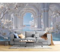 Papel Tapiz Fotográfico 3D Flores Magnolia Columnas Arqueadas Con Estampado Lujo Paisaje, 300Anx210Al cm Blanco Azul Papel Pintado Panorámico, Murales Decoración Pared para Cuarto de Niño Salón