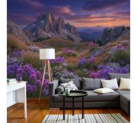 Papel Tapiz Fotográfico 3D Flores Praderas Montañas Mural Púrpura Paisaje Al Atardecer Fotomurales Para Habitación Infantil Salon Dormitorio Oficina Murales Decorativos Pared 300X210Cm