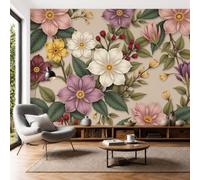 Papel Tapiz Fotográfico 3D Flores Silvestres Hojas Verdes 200 × 140 Cm Papel Pintado Panorámico, Estética Las Flores Y Las Plantas Murales Decoración Pared Moderna Para Cuarto De Niño, Salón, Oficina