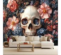 Papel Tapiz Fotográfico 3D Gótico Calavera Rosa Colores Flores Mural Tejido no Tejido Mate Moderno Fotomurales Para Habitación infantil Salon Dormitorio Oficina Murales Decorativos Pared 200x140 cm