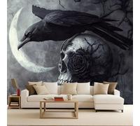Papel Tapiz Fotográfico 3D Gótico Calaveras Cuervo Flores Mural Tejido no Tejido Mate Moderno Fotomurales Para Habitación infantil Salon Dormitorio Oficina Murales Decorativos Pared 300x210 cm