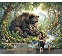 Papel Tapiz Fotográfico 3D Ilustración Osa Parda Con Su Cría 150 × 105 Cm Papel Pintado Panorámico, Animales Bosque Murales Decoración Pared Moderna Para Cuarto De Niño, Salón, Oficina
