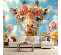 Papel Tapiz Fotográfico 3D Jirafa Guirnalda Rosa Flores Mural Tejido no Tejido Mate Moderno Fotomurales Para Habitación infantil Salon Dormitorio Oficina Murales Decorativos Pared 100x70 cm