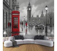 Papel Tapiz Fotográfico 3D Londres Calles La Ciudad Papel Pintado Panorámico, Retro Arquitectura Tejido No Tejido Murales Decoración Pared Moderna para Salón, Oficina Gris 450×315cm