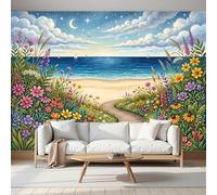Papel Tapiz Fotográfico 3D Macizos De Flores De Playa 200Anx140Al cm Papel Pintado Panorámico, Paisaje Dibujado A Mano Murales Decoración Pared Moderna para Cuarto de Niño, Salón