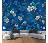 Papel Tapiz Fotográfico 3D Moderno Plateado Floral Papel Pintado Panorámico, Lujo Plantas Tejido No Tejido Murales Decoración Pared Moderna para Salón, Oficina Azul 150×105cm