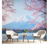 Papel Tapiz Fotográfico 3D, Monte Fuji Sakura Azul cielo Papel Tapiz Tela de Seda, Sala de Estar Dormitorio Paisaje Japonés Póster Decoración de Pared, 300Anx210Al cm Mural De Panorámico
