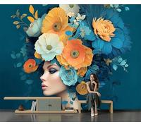 Papel Tapiz Fotográfico 3D Movimiento Art Nouveau 300x210cm Mural de Papel Pintado Panorámico Mujer Con Un Precioso Tocado Floral Decoración Pared para Habitacion, Salón, Oficina, Azul Eléctrico