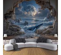 Papel Tapiz Fotográfico 3D Muro Roto Ballena 250×175cm, Papel Pintado Panorámico Océano Ensueño, Murales Decoración XL Pared Moderna para Cuarto de Niño, Salón, Oficina