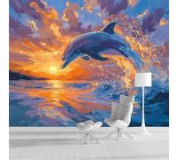 Papel Tapiz Fotográfico 3D Naranja-Azul Delfines En La Superficie Al Atardecer 200X140Cm Pintado Panorámico,Animales De Fantasía Murales Decoración Pared Moderna Para Cuarto De Niño Dormitorio Salón