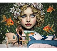 Papel Tapiz Fotográfico 3D Niña De Pelo Rizado En Un Acuario 400x280cm Papel Pintado Panorámico Retro Americano Fondo De Pantalla XXL Decoración De Pared para Sala Cuarto Oficina, Verde Hierba