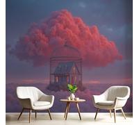 Papel Tapiz Fotográfico 3D Nubes Jaulas De Pájaros Casas 350Anx256Al cm Papel Pintado Panorámico, Surrealismo Murales Decoración Pared Moderna para Cuarto de Niño, Salón, Oficina