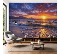Papel Tapiz Fotográfico 3D Paisaje costero 250x175cm Papel Pintado Panorámico, Resplandorl atardecer sobre el océano Murales Decoración Pared Moderna para Cuarto de Niño, Salón, Oficina Morado oscuro