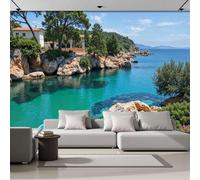 Papel Tapiz Fotográfico 3D Paisaje De La Bahía 300Anx210Al cm Papel Pintado Panorámico, Arquitectura Mediterránea Murales Decoración Pared Moderna para Cuarto de Niño, Salón, Oficina