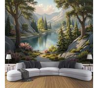 Papel Tapiz Fotográfico 3D Paisajes Al Estilo Los Cuentos Hadas 300x210cm Mural de Papel Pintado Panorámico Valle Lago Reino Secreto Decoración Pared para Habitacion, Salón, Oficina, Verde Oscuro