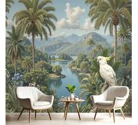 Papel Tapiz Fotográfico 3D Palmera E Ilustración De Loro 350 × 256 cm Papel Pintado Panorámico, Murales Decoración Pared Paisaje De Selva Tropical Para Cuarto De Niño, Salón, Oficina - Verde